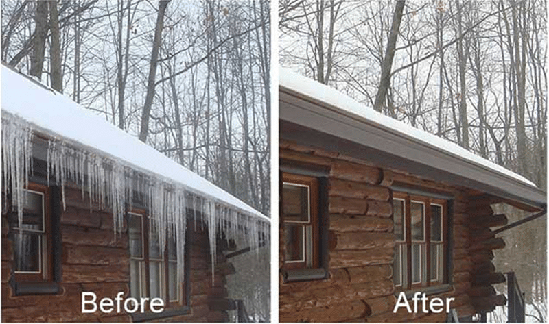 A comparison of gutters on a home before and after helmet heat has been installed, showing the savings and efficiency of Helmet Heat with significantly less ice build up along the gutters